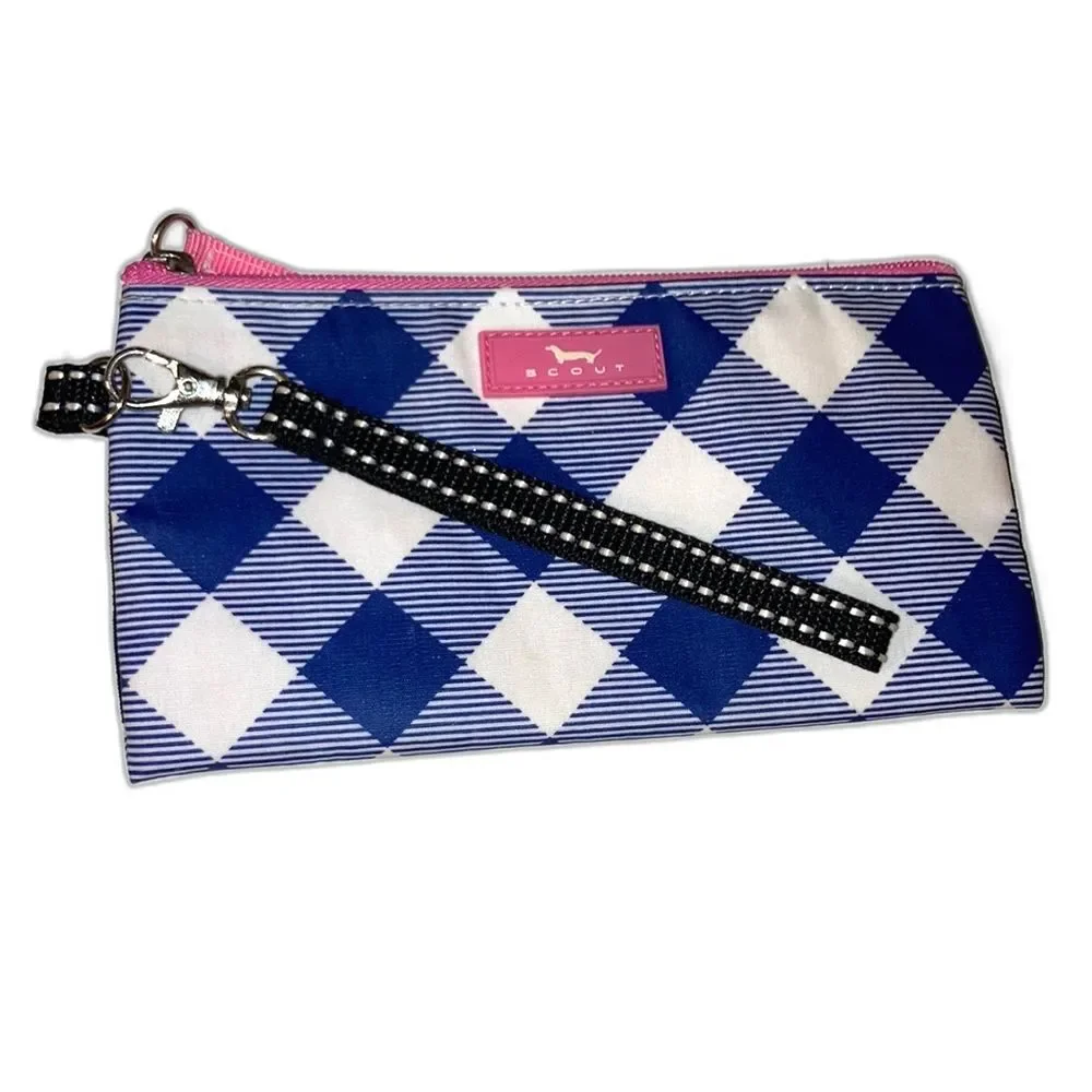 SCOUT Clutch Wristlet Zip Bag Blue and Pink Gingham Checkered 8 x 4.5 inches